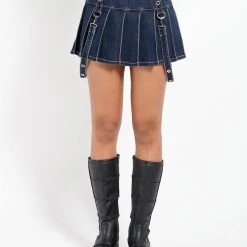 Tripp NYC DENIM PLEATED BONDAGE SKIRT