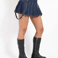 Tripp NYC DENIM PLEATED BONDAGE SKIRT