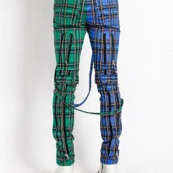 Trippnyc.com Men SPLIT LEG BONDAGE PANT BLUE/GREEN PLAID