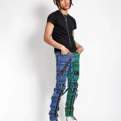 Trippnyc.com Men SPLIT LEG BONDAGE PANT BLUE/GREEN PLAID