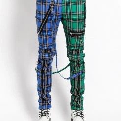 Trippnyc.com Men SPLIT LEG BONDAGE PANT BLUE/GREEN PLAID