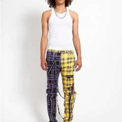 Trippnyc.com Men SPLIT LEG BONDAGE PANT PURPLE/YELLOW PLAID