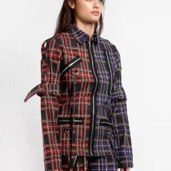 Trippnyc.com Men SPLIT PUNK JACKET BLACK/PURPLE PLAID