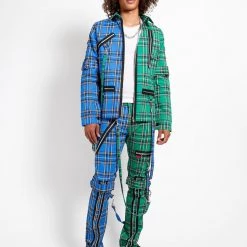 Trippnyc.com SPLIT PUNK JACKET BLUE/GREEN PLAID Men